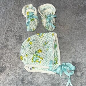 Carter’s Infant Cap & Booties in Blue, Yellow, Green & White Soft Cotton Knit
